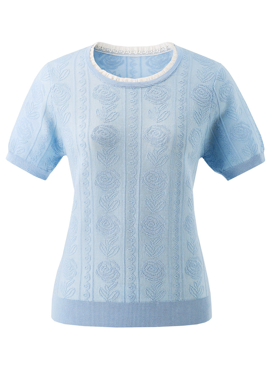 COMOBOCA Women's Jacquard Lace Trim Knit T-Shirt