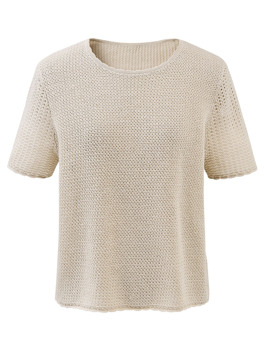 COMOBOCA Women's Openwork Round Neck Knit T-Shirt