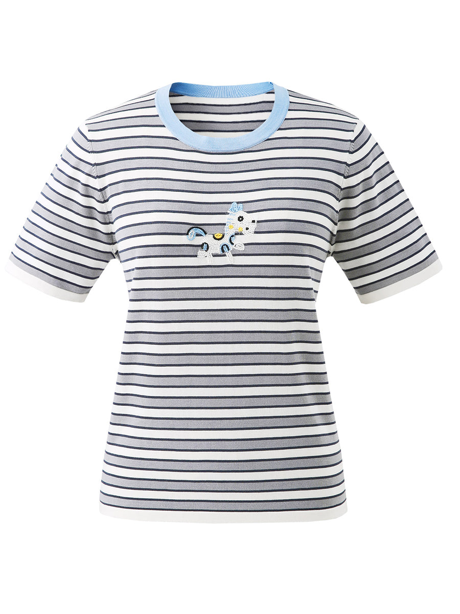 COMOBOCA Women's Embroidery Striped Knit Top