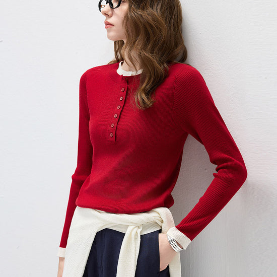 COMOBOCA Women's Ribbed Contrast Trim Henley Knit Sweater