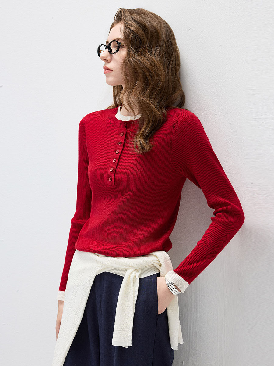 COMOBOCA Women's Ribbed Contrast Trim Henley Knit Sweater