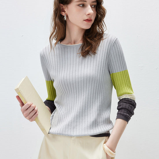 COMOBOCA Women's Ribbed Color Block Round Neck Knit Sweater