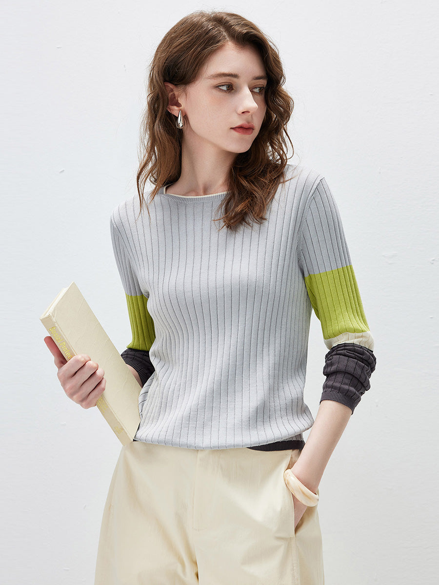 COMOBOCA Women's Ribbed Color Block Round Neck Knit Sweater