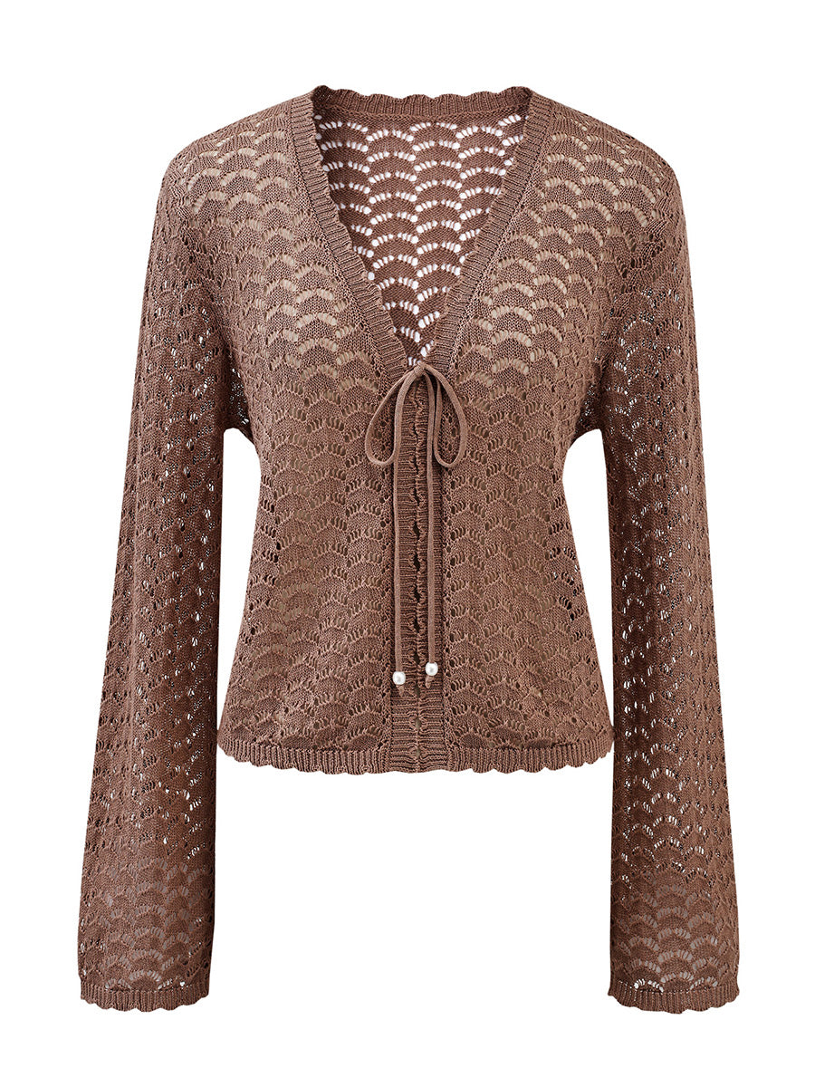 COMOBOCA Women's Linen Lace Knit Tie Front Cardigan