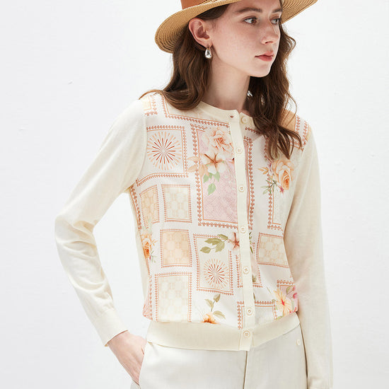 COMOBOCA Women's Printed Panel Knit Cardigan