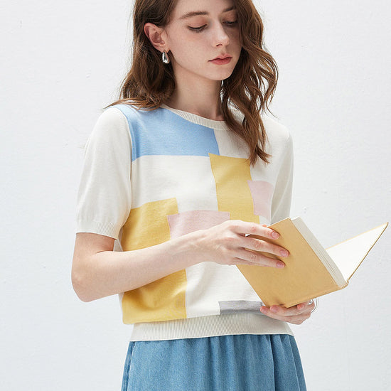 COMOBOCA Women's Geometric Color Block Fine Knit T-Shirt