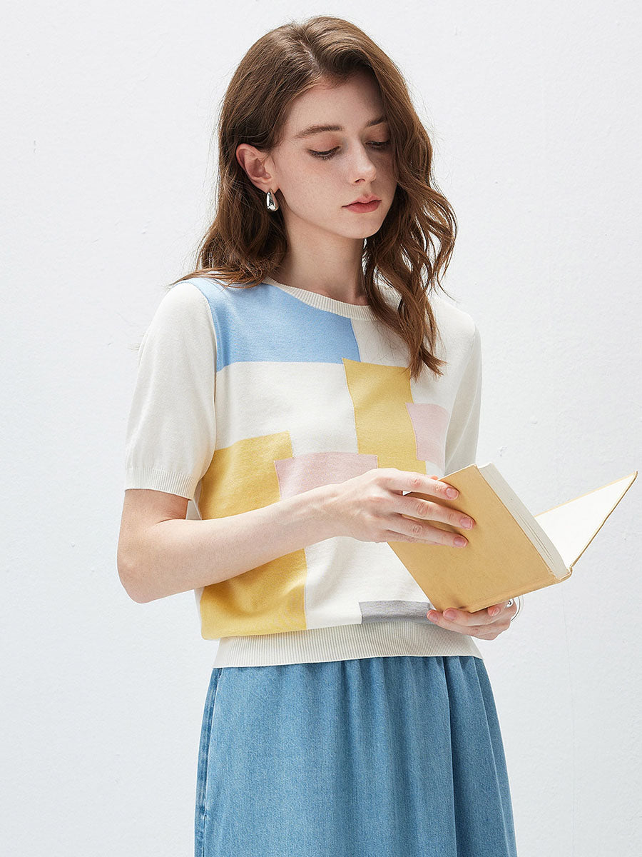 COMOBOCA Women's Geometric Color Block Fine Knit T-Shirt