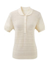 Women's Silk-Cotton Blend Peter Pan Collar Pointelle Knit Short Sleeve Top