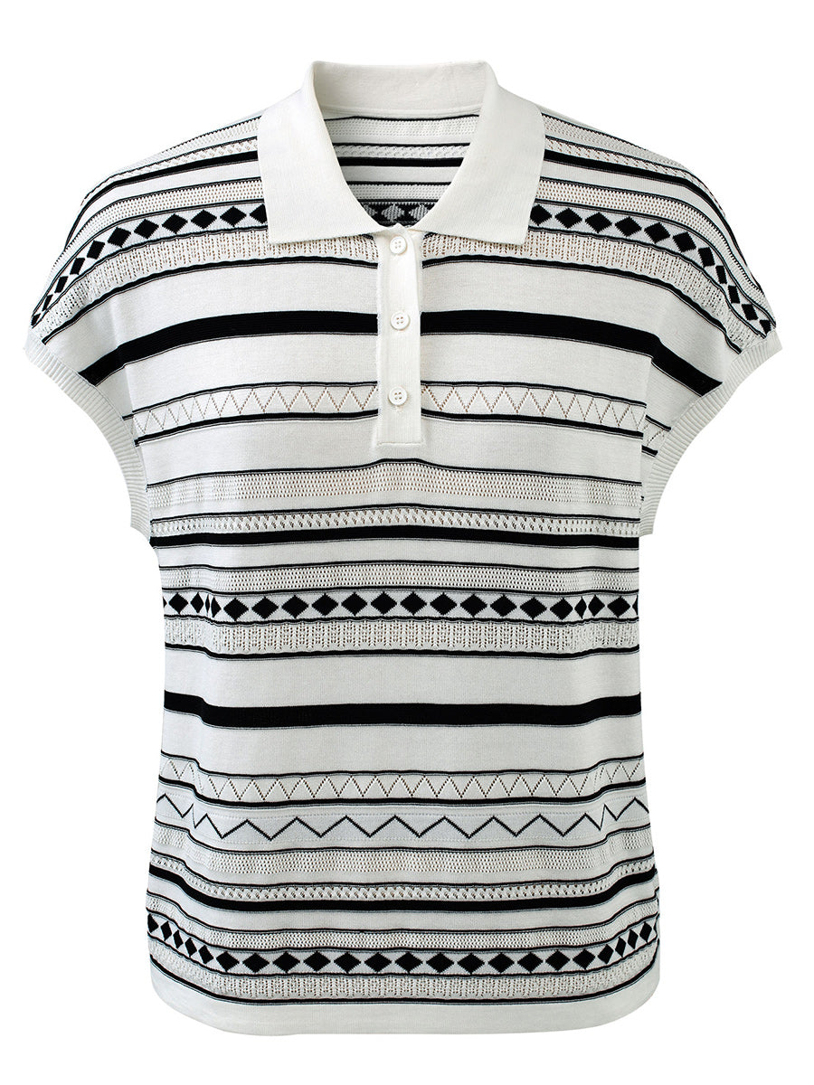 COMOBOCA Women's Geometric Stripe Polo Knit T-Shirt