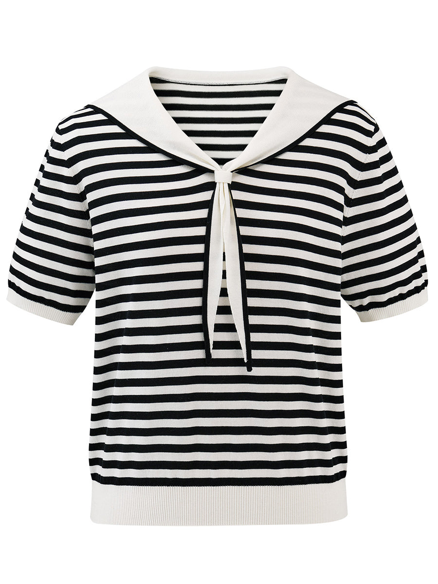 COMOBOCA Women's Striped Sailor Collar Knit Top