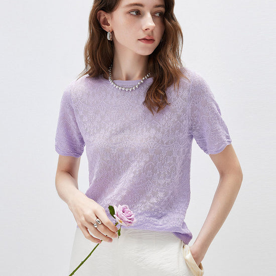 COMOBOCA Purple Women's Sheer Floral Lace Knit T-Shirt