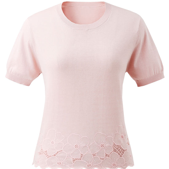 COMOBOCA Women's Floral Lace Trim Knit T-Shirt