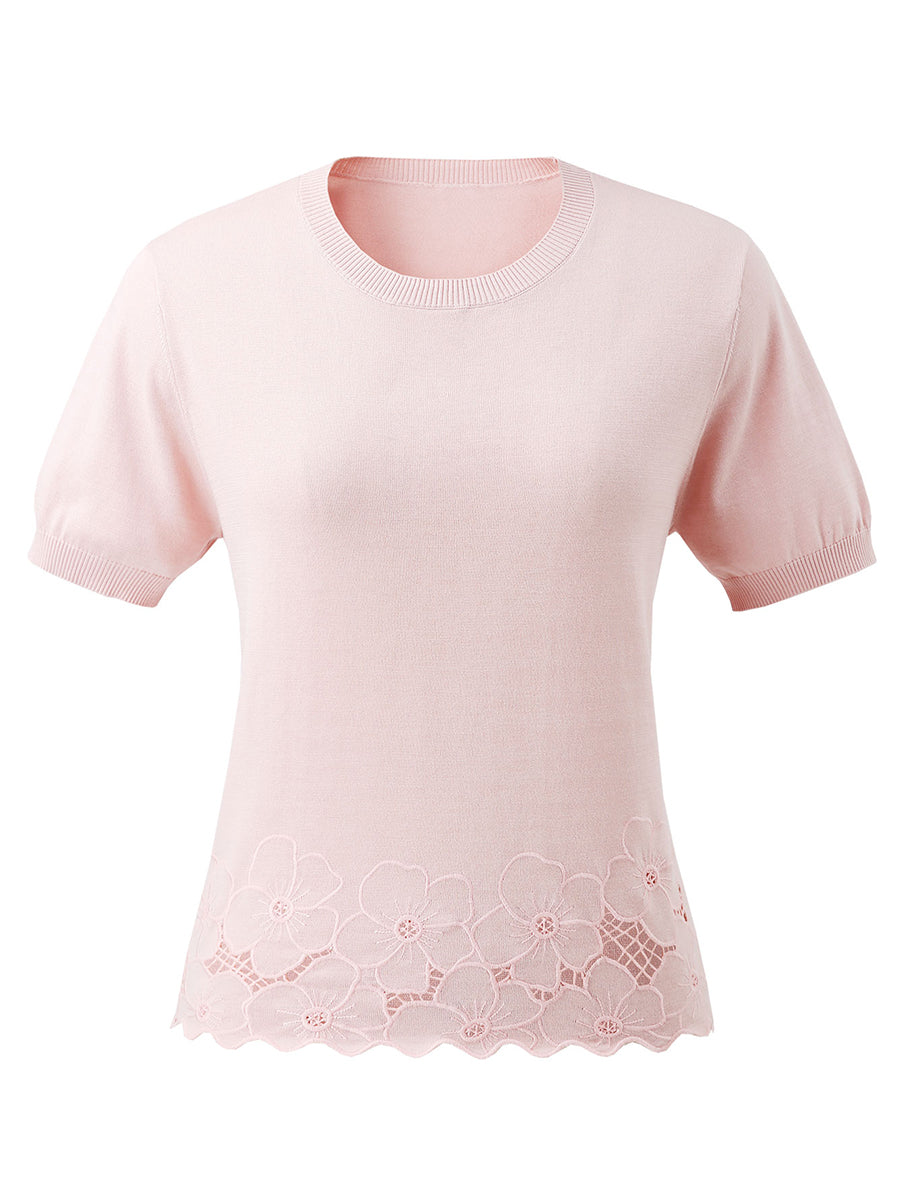 COMOBOCA Women's Floral Lace Trim Knit T-Shirt