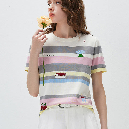 COMOBOCA Women's Farm Scene Striped Knit T-Shirt