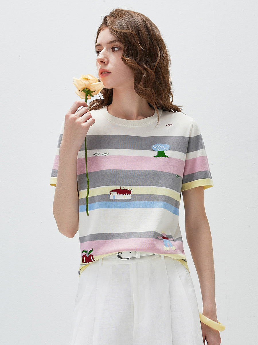 COMOBOCA Women's Farm Scene Striped Knit T-Shirt