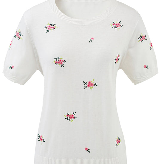 COMOBOCA Women's Floral Embroidery Knit T-Shirt