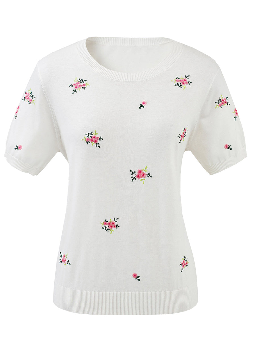 COMOBOCA Women's Floral Embroidery Knit T-Shirt