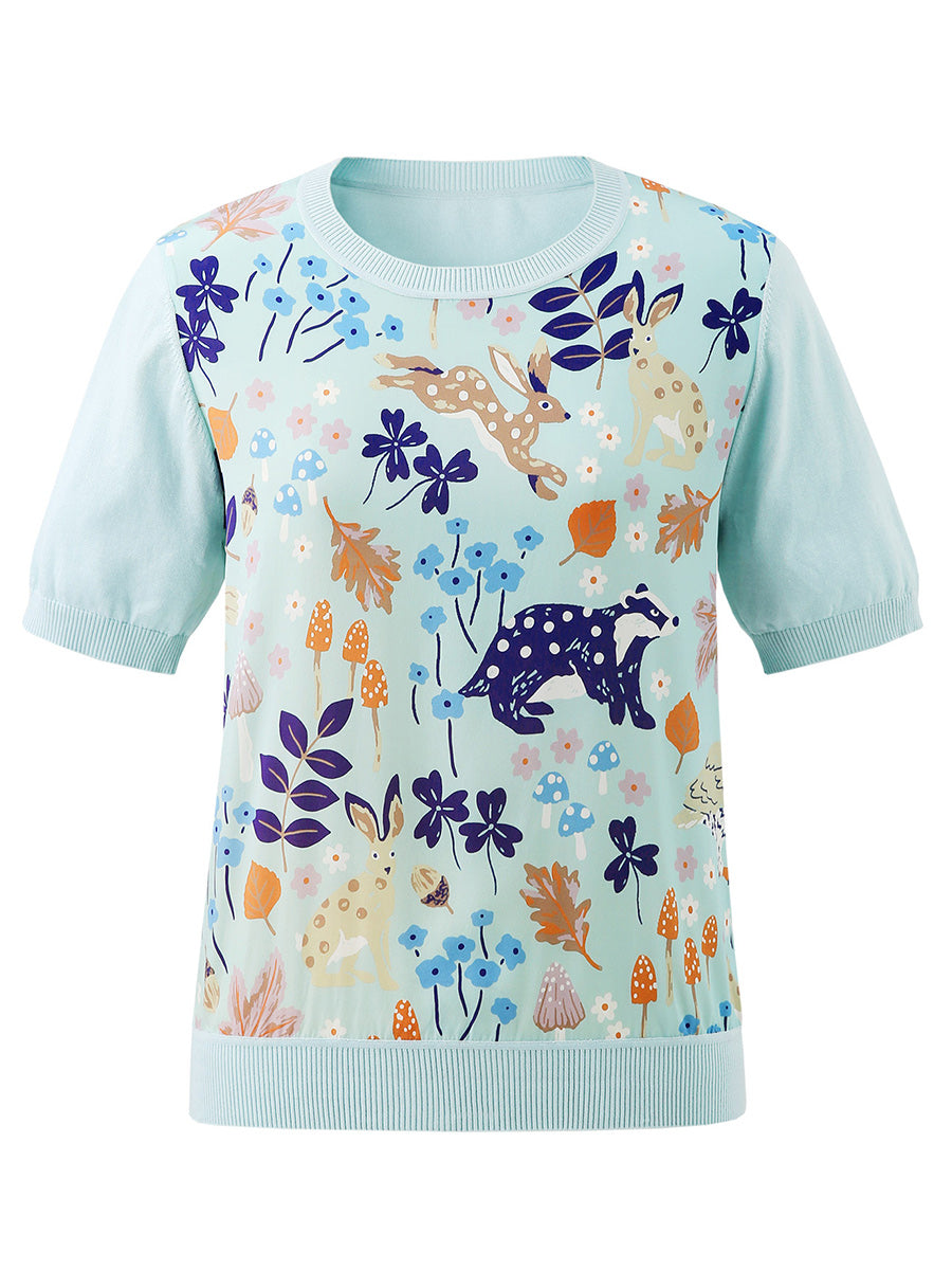COMOBOCA Women's Ribbed Print Knit T-Shirt