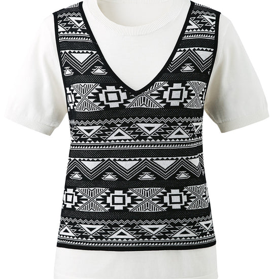 COMOBOCA Women's 2-in-1 Geometric Knit Top