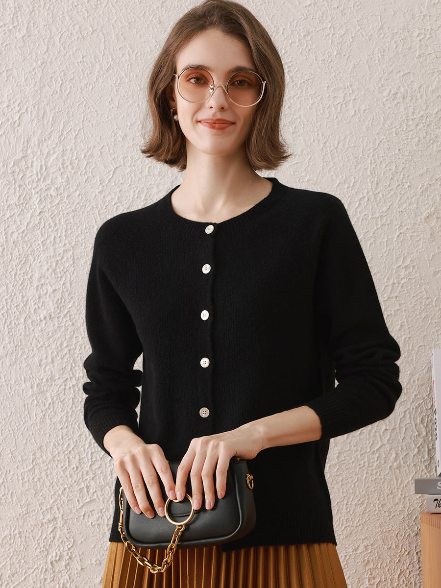 COMOBOCA BLACK 100% Wool Women's Round Neck Cardigan Sweater