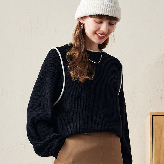 COMOBOCA 100% Wool Women's Color Block Ribbed Knit Sweater