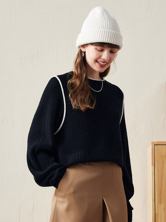 COMOBOCA 100% Wool Women's Color Block Ribbed Knit Sweater