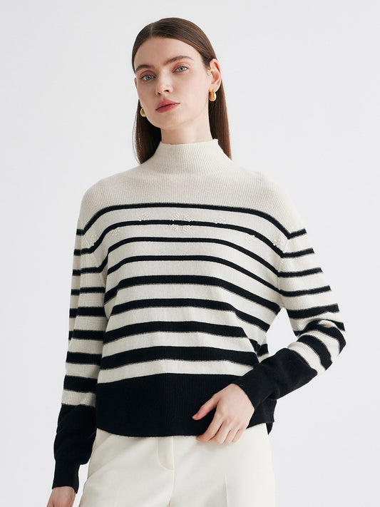 COMOBOCA Striped 100% Cashmere Women's Striped Mock Neck Knit Sweater