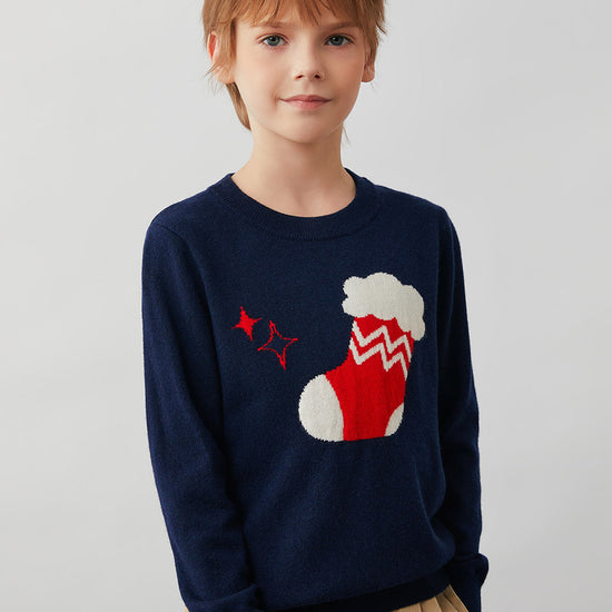 COMOBOCA 100% Wool Kids' Christmas Stocking Round Neck Sweater