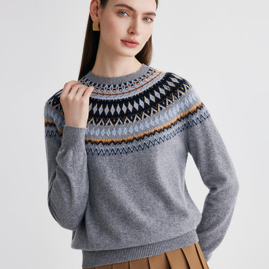 COMOBOCA Gray 100% Cashmere Women's Fair Isle Round Neck Sweater