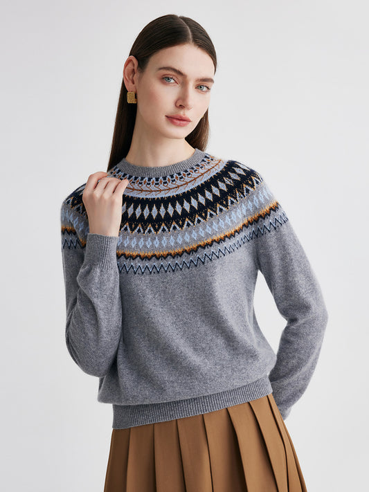 COMOBOCA Gray 100% Cashmere Women's Fair Isle Round Neck Sweater