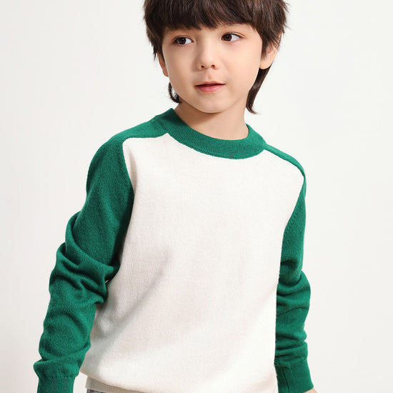 COMOBOCA GREEN 100% Wool Kids' Round Neck Color Block Sweater