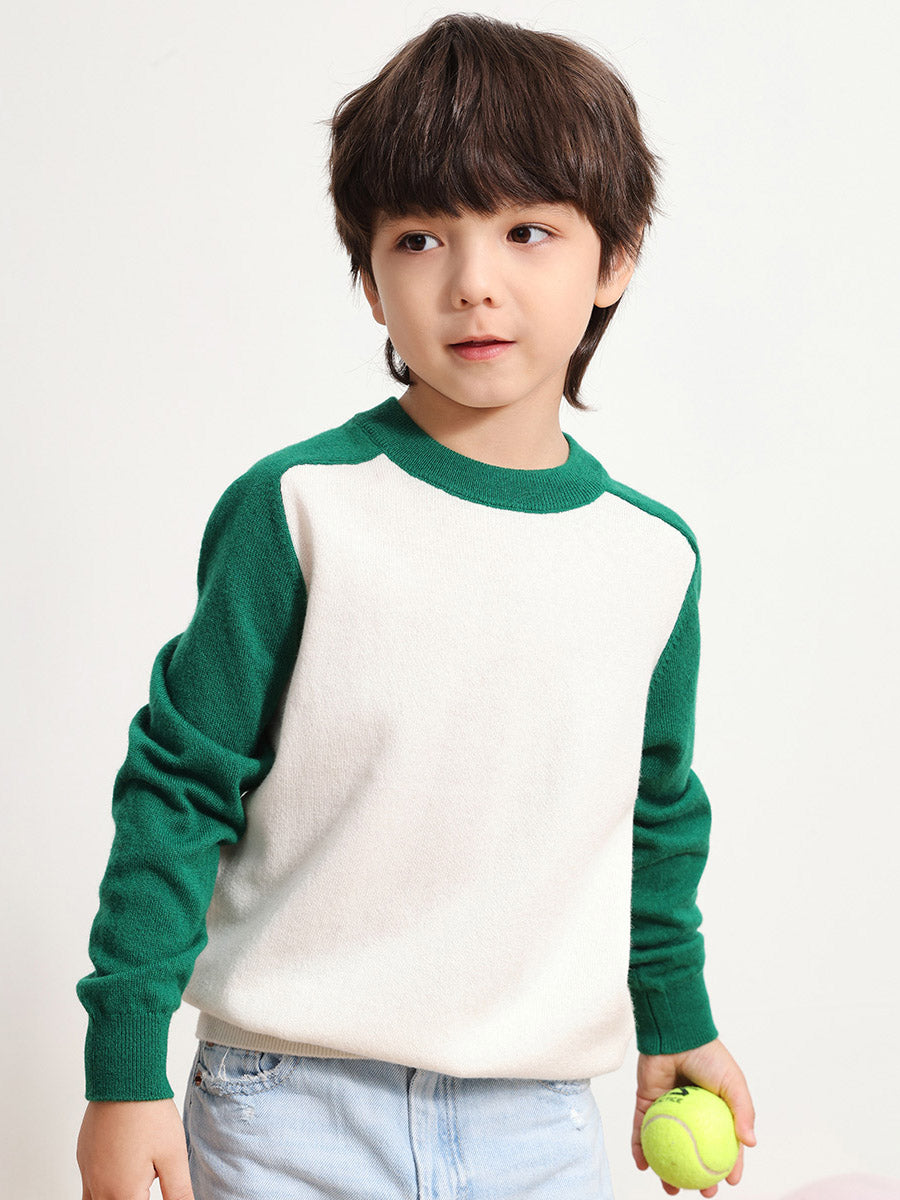 COMOBOCA GREEN 100% Wool Kids' Round Neck Color Block Sweater