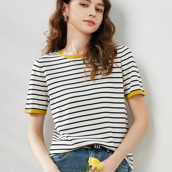 COMOBOCA Women's Striped Ribbed Contrast Trim T-Shirt