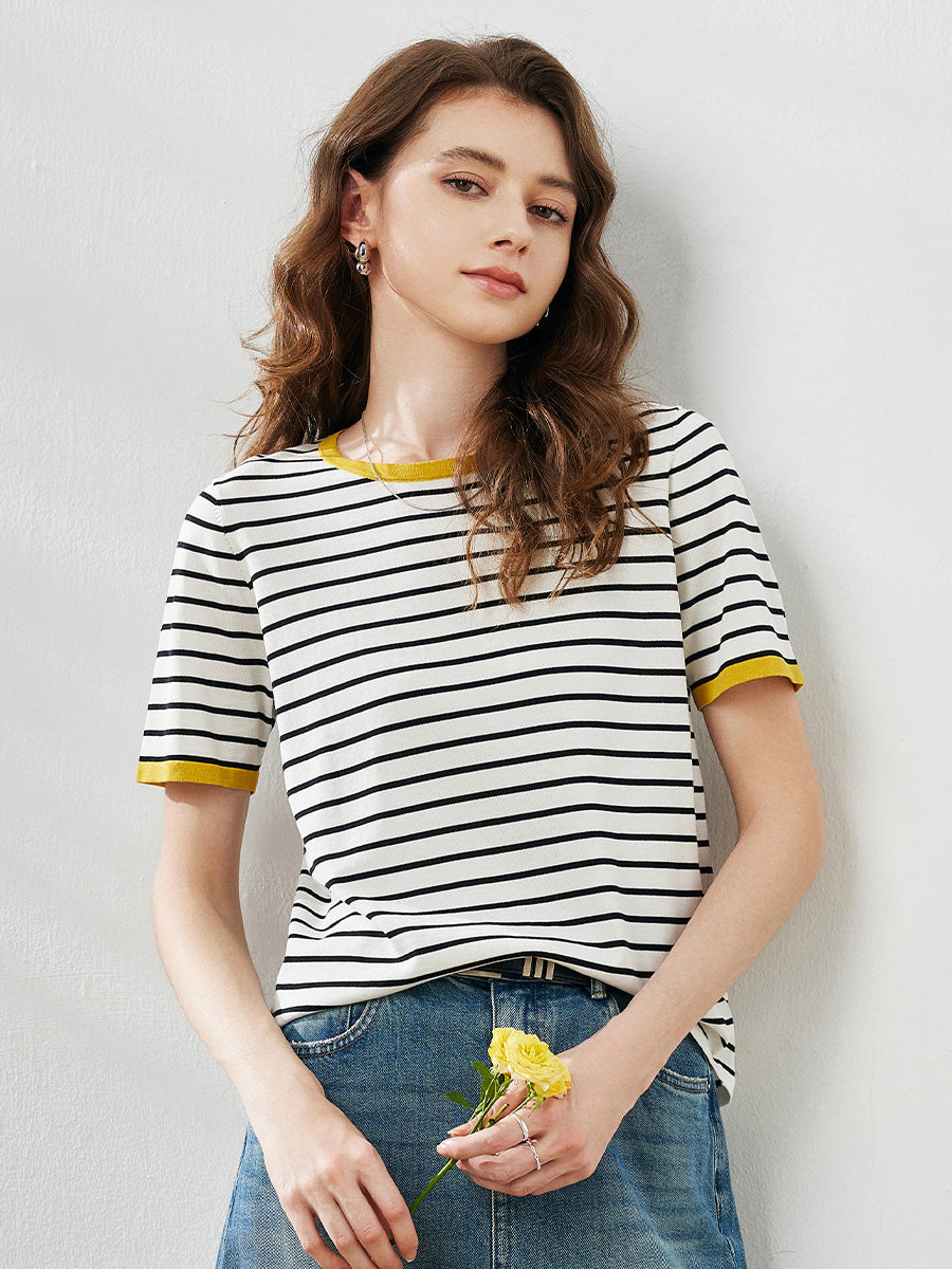 COMOBOCA Women's Striped Ribbed Contrast Trim T-Shirt