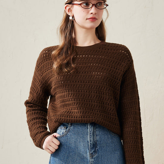 COMOBOCA Coffee 100% Wool Women's Soft Knit Lace Sweater