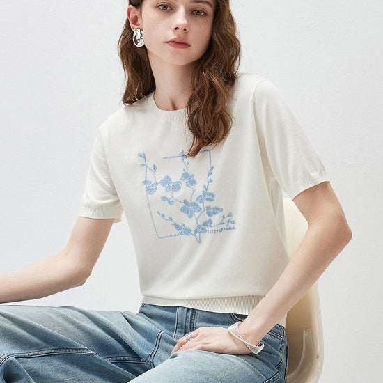 COMOBOCA Women's Floral Embroidered Ribbed Knit T-Shirt