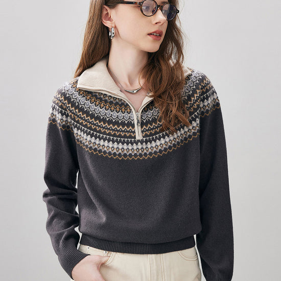 COMOBOCA 100% Wool Women's Fair Isle Zip Up Sweater
