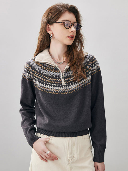 COMOBOCA 100% Wool Women's Fair Isle Zip Up Sweater