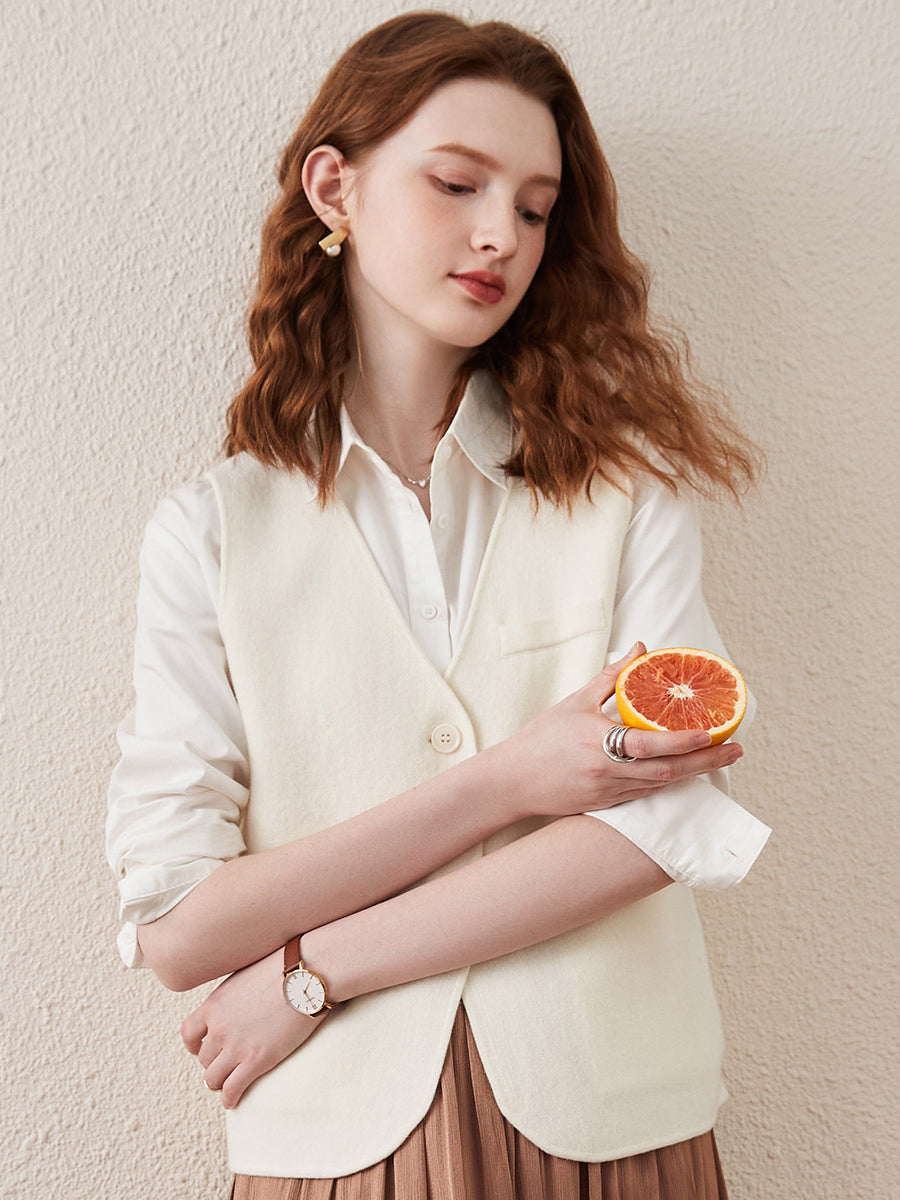 COMOBOCA White 100% Wool Elegant Sleeveless Button-Up Vest