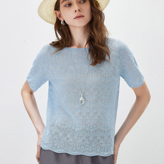 COMOBOCA Light Blue Women's Sheer Floral Lace Knit T-Shirt