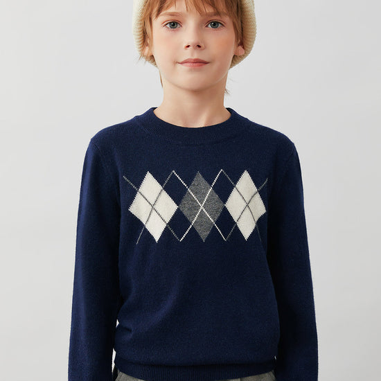 COMOBOCA 100% Wool Kids' Argyle Pattern Round Neck Sweater