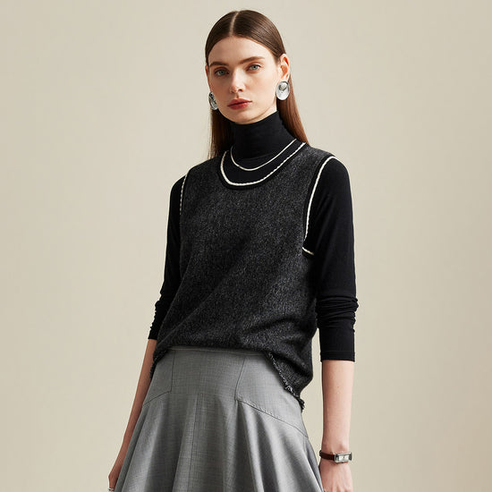COMOBOCA 100% Cashmere Knit Vest with Contrast Trim