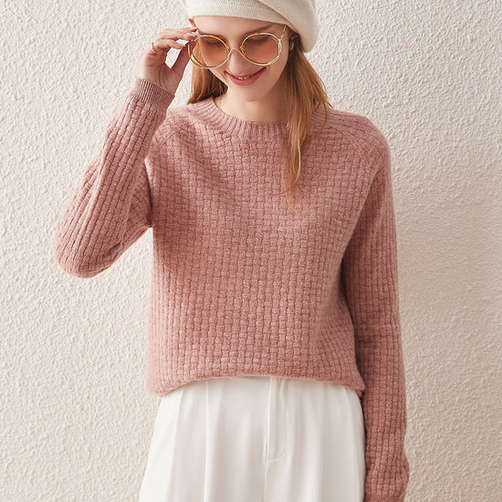 COMOBOCA 100% Cashmere Women's Round Neck Ribbed Knit Sweater
