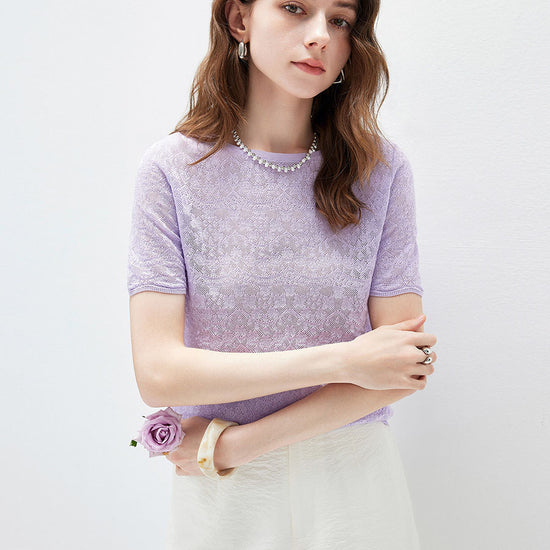 COMOBOCA Women's Sheer Floral Lace Knit T-Shirt
