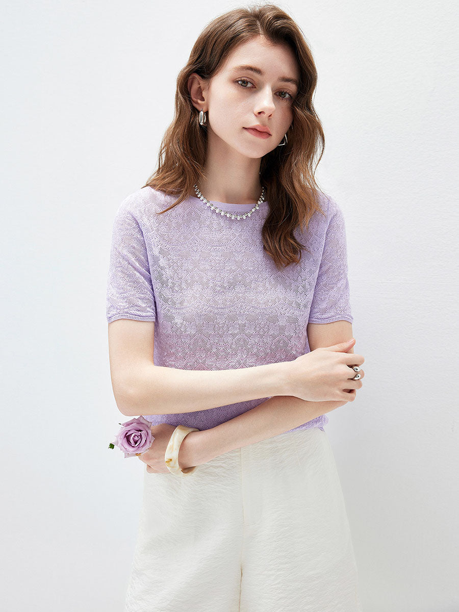 COMOBOCA Women's Sheer Floral Lace Knit T-Shirt