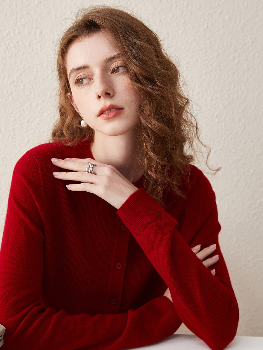 COMOBOCA 100% Wool Women's Round Neck Knit Cardigan