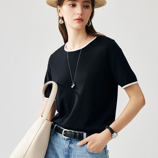COMOBOCA Women's Contrast Trim Knit T-Shirt