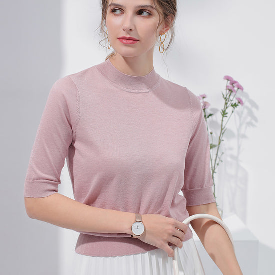 COMOBOCA Light Pink Women's Short Sleeve Mock Neck Knit Sweater