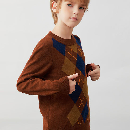 COMOBOCA 100% Wool Kids' Argyle Pattern Round Neck Sweater