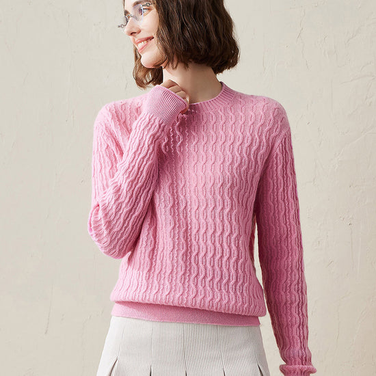 COMOBOCA Pink 100% Cashmere Women's Classic Cable Knit Sweater